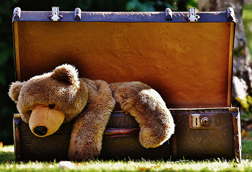 suitcase open with teddy bear hanging out